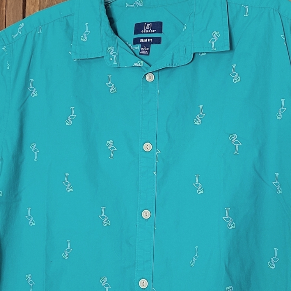 George Slim Fit Flamingo Print Button Down Shirt Sz L Slim